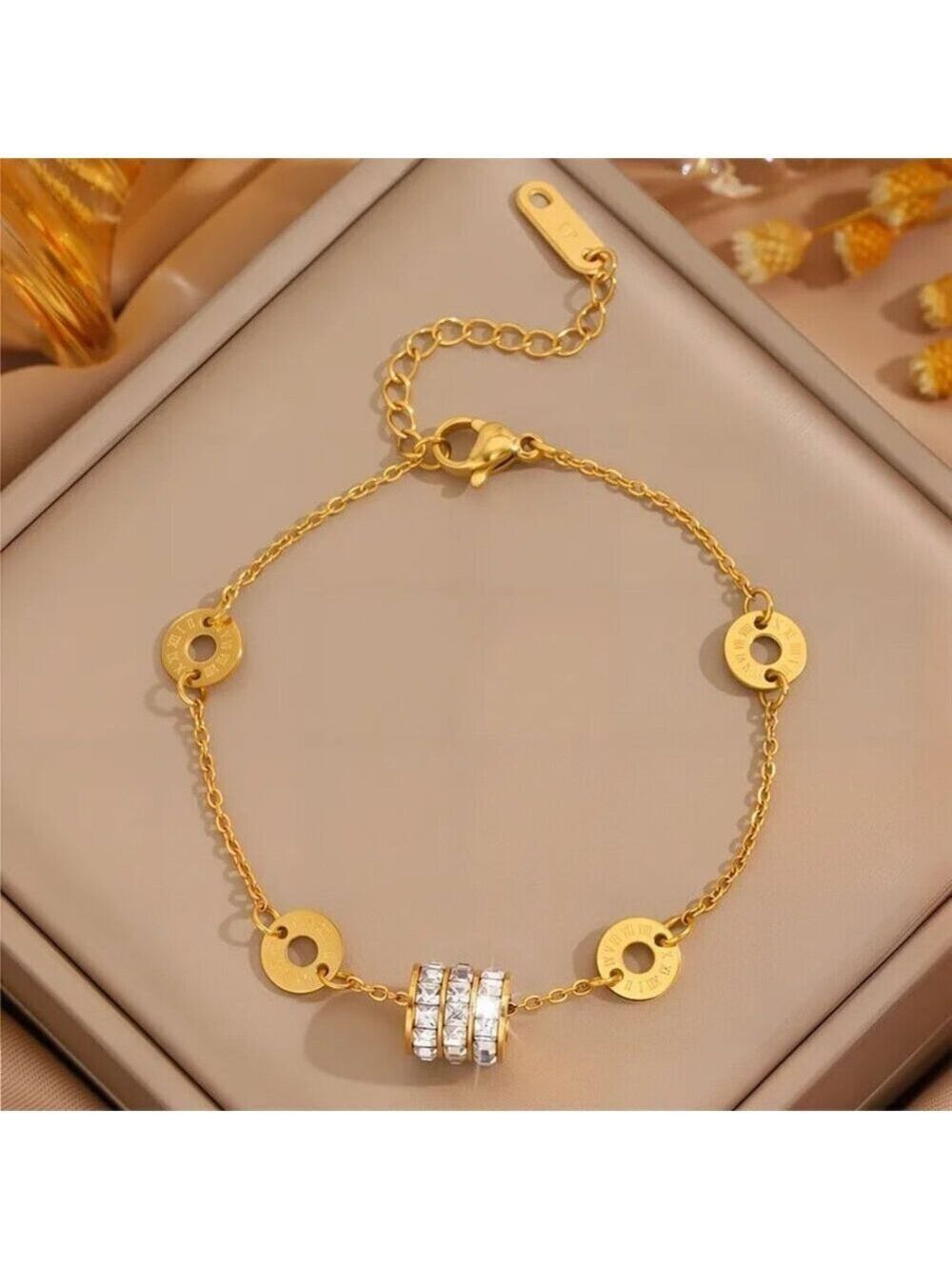 Gold Tone Roman Numeral Chain Bracelet | Zircon Accent Detail | Elegant Minimal